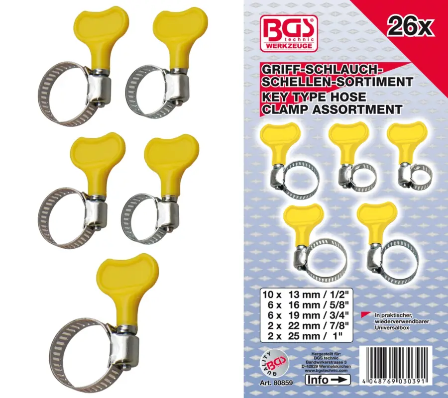 Omezená Nabídka BGS Spony hadicové s Y-klíčem, pro pr. 1/2" - 1", sada 26 dílů