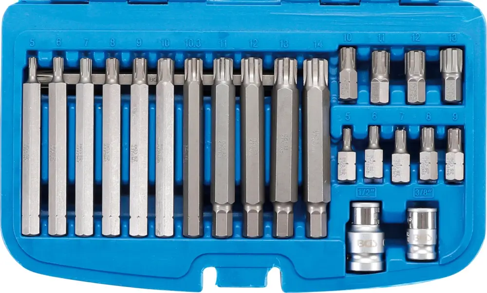Vrácení Zdarma BGS Bity, pohon vnější šestihran 10 mm (3/8"), klínový profil (pro Ribe), 22dílná sada
