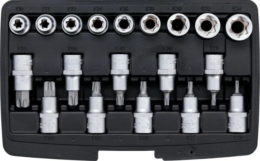 Akce BGS Hlavice zástrčné T-profil T20-T70 + hlavice nástrčné 1/2" E-profil, sada 19 dílů