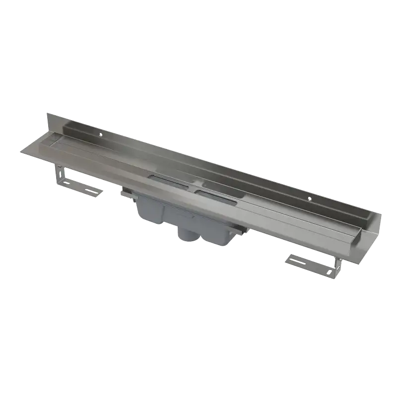 ALCAPLAST Sprchový liniový žlab nerezový, s okrajem a pevným límcem ke stěně, pro plný rošt, svislý odtok, délka 1150 mm APZ1016-1150 Tovární Cena