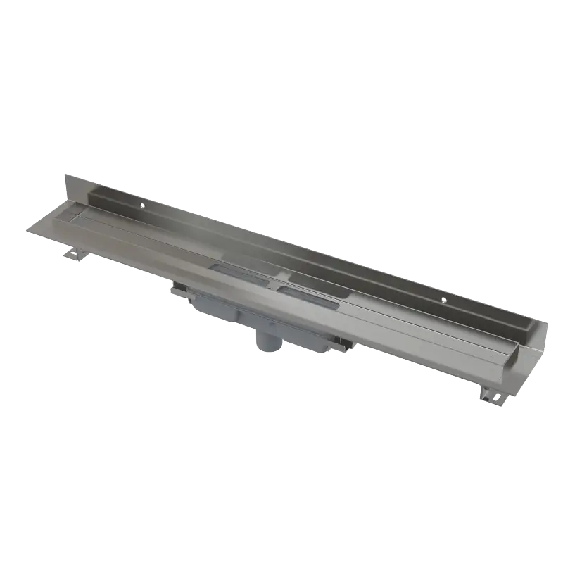 Pouze Dnes ALCAPLAST Sprchový liniový žlab nerezový, s okrajem a pevným límcem ke stěně, pro plný rošt, svislý odtok, délka 950 mm APZ1116-950
