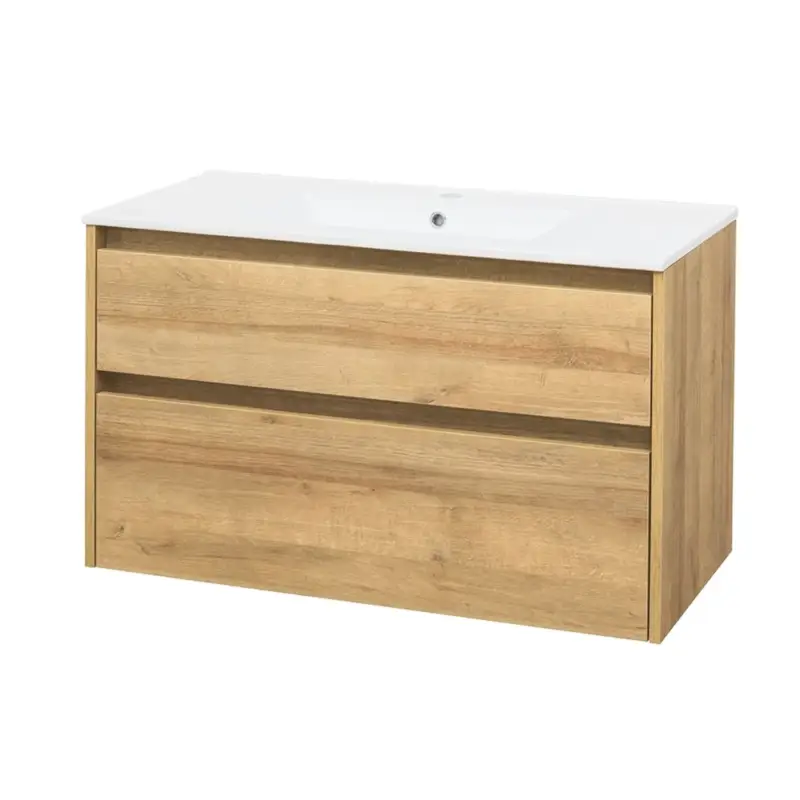 Cenově Výhodný Opto, koupelnová skříňka s keramickým umyvadlem, dub, 2 zásuvky, 1010x580x458 mm