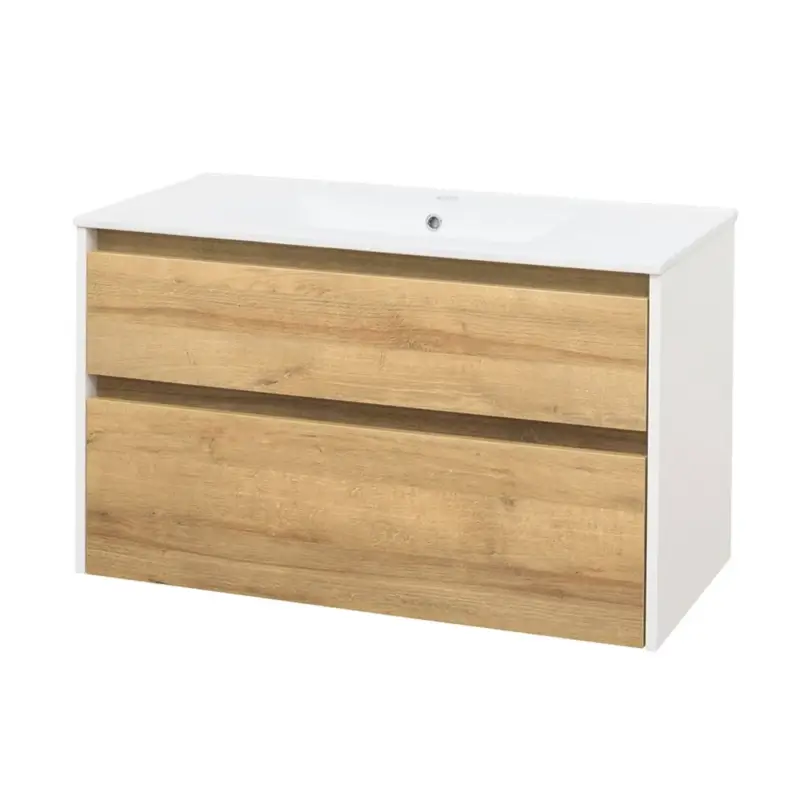 Značkový Opto, koupelnová skříňka s keramickým umyvadlem, bílá/dub, 2 zásuvky, 1010x580x458 mm
