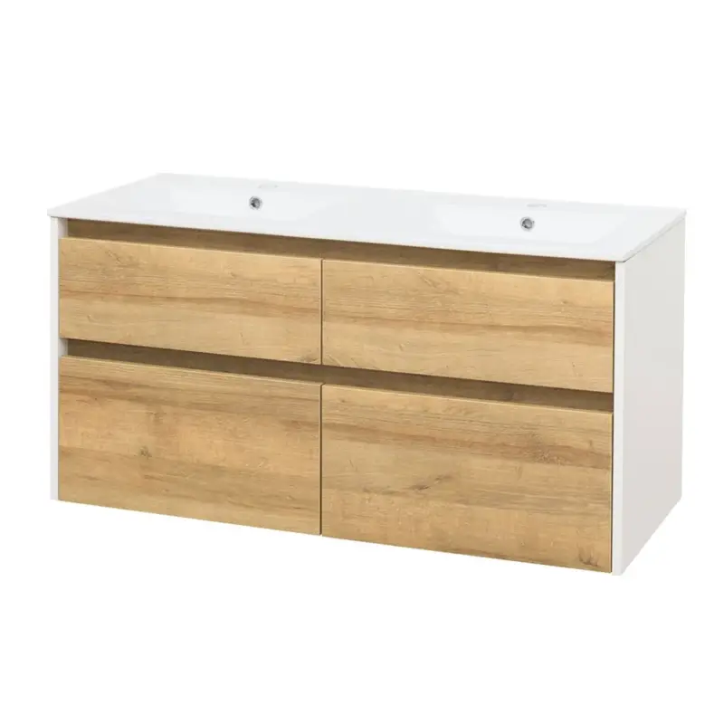 Vrácení Zdarma Opto, koupelnová skříňka s keramickým umyvadlem, bílá/dub, 4 zásuvky, 1210x580x458 mm