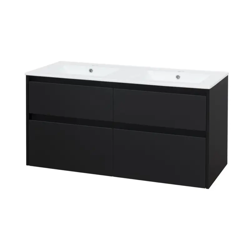 Opto, koupelnová skříňka s keramickým umyvadlem, černá, 4 zásuvky, 1210x580x458 mm Výprodej