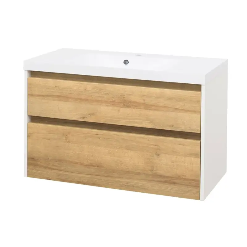 Opto, koupelnová skříňka, umyvadlo z litého mramoru, bílá/dub, 2 zásuvky, 1010x580x458 mm Výprodej