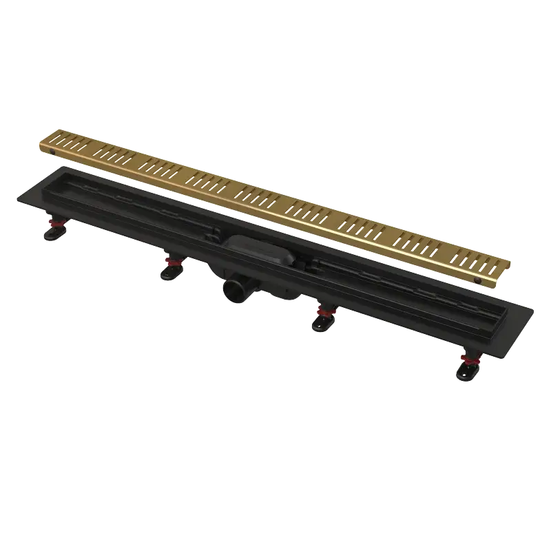 Víkendová Akce ALCAPLAST Sprchový liniový žlab plastový, s okrajem a perforovaným roštem, mosaz, délka 750 mm APZ10BLACK-750BRASS