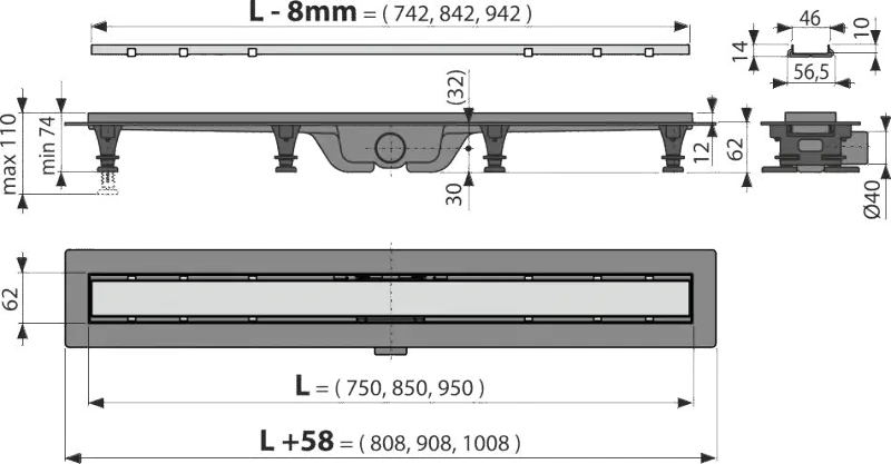Zlevněný ALCAPLAST Sprchový liniový žlab plastový, s okrajem a oboustranným roštem (plný / vložení dlažby), délka 950 mm APZ19-950